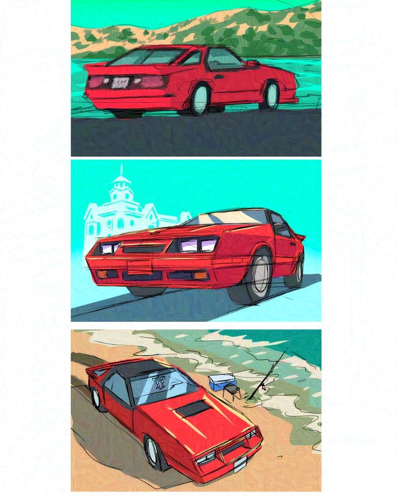 Initial rough drafts by Geo Monjes via Procreate, commissioned by Rain Fuji of a 1986 Dodge Daytona in Coyote Lake near Gilroy, CA