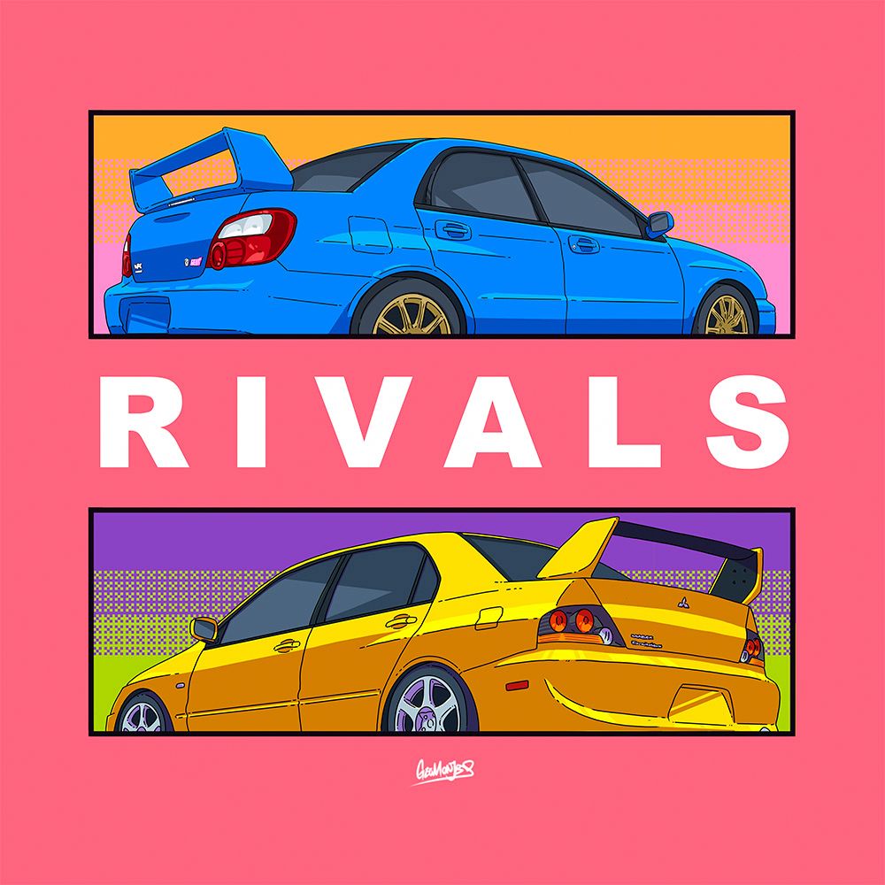 Medium sized print of the Subaru WRX Sti and Mitsubishi Lancer Evo 8 with title, Rivals, in between them