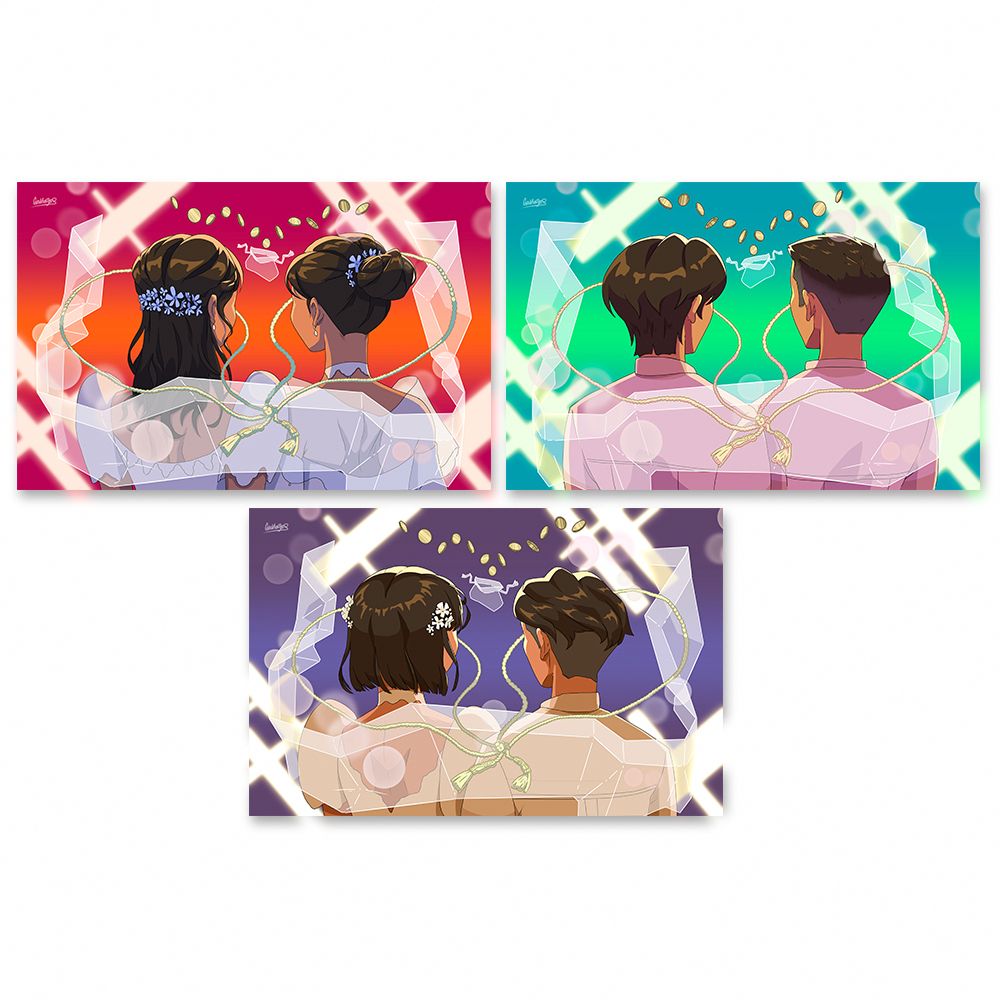 Set of large posters depicting couples going through the traditional Filipino wedding ceremony. Variants include a straight, gay and lesbian versions.