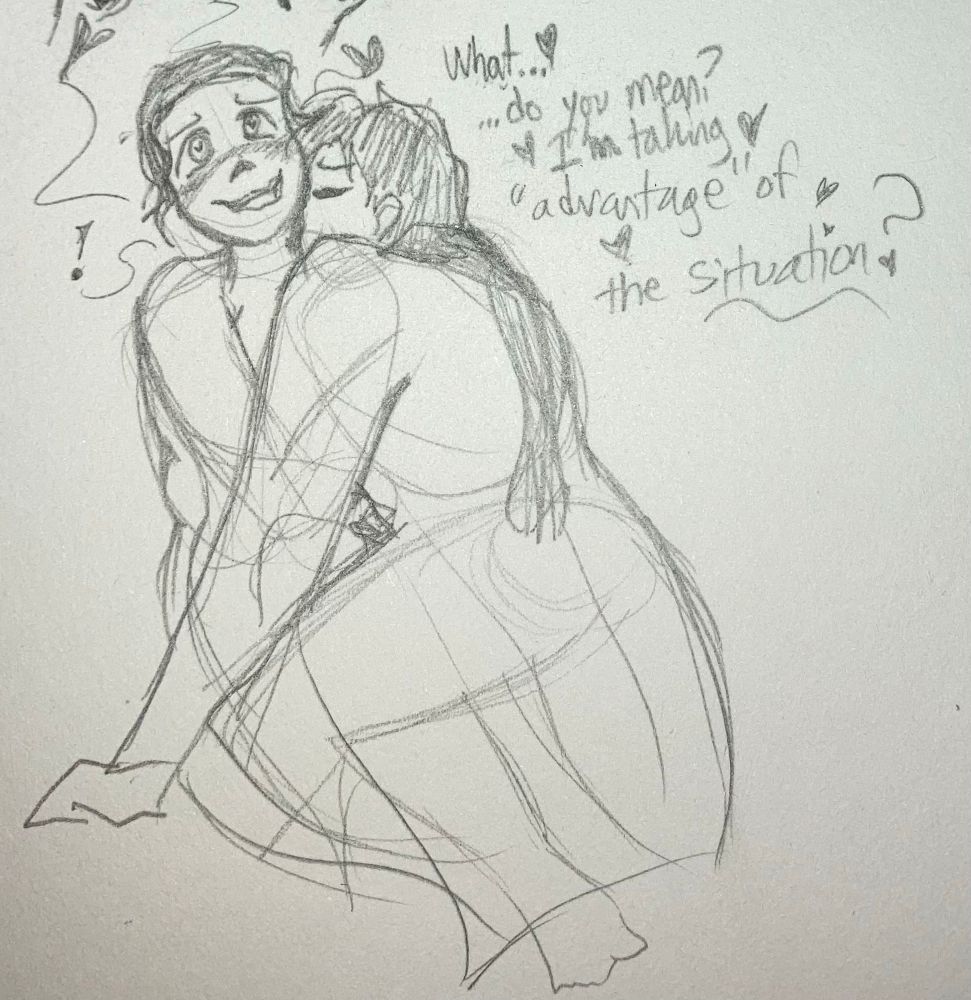 Sketchbook drawing of Zayne from Love and Deepspace leaning over the main character and kissing her neck. Text reads “What ❤️ do you mean ❤️ I’m taking ❤️ ‘advantage’ of ❤️ the situation?”, with ❤️ heart emojis referencing the pauses in audio from the Silent Poem Memory from the game.