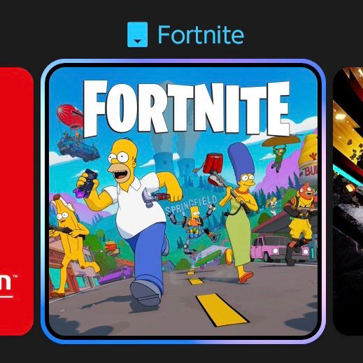 Fortnite card on Switch 2 main menu with a solid blue icon next to the title.