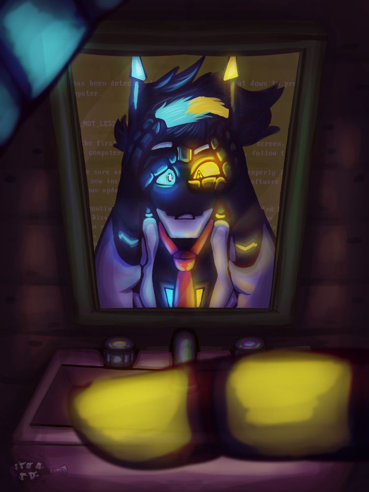 Kano (A humanoid robot) is looking in the mirror distressed with his hands on his head. One of his eyes is his normal blue with a white iris/pupil, meanwhile his other is yellow, with a black warning sign for the iris/pupil instead.