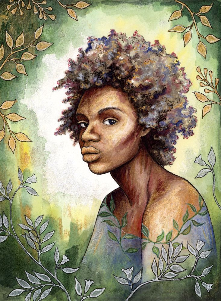 This piece portrays Yavanna as a Black woman in 3/4 profile. Her eyes look at the viewer and her dark hair has highlights of blue, red, and gold. Flowers and leaves of gold and silver surround her, over a background of yellow and green.