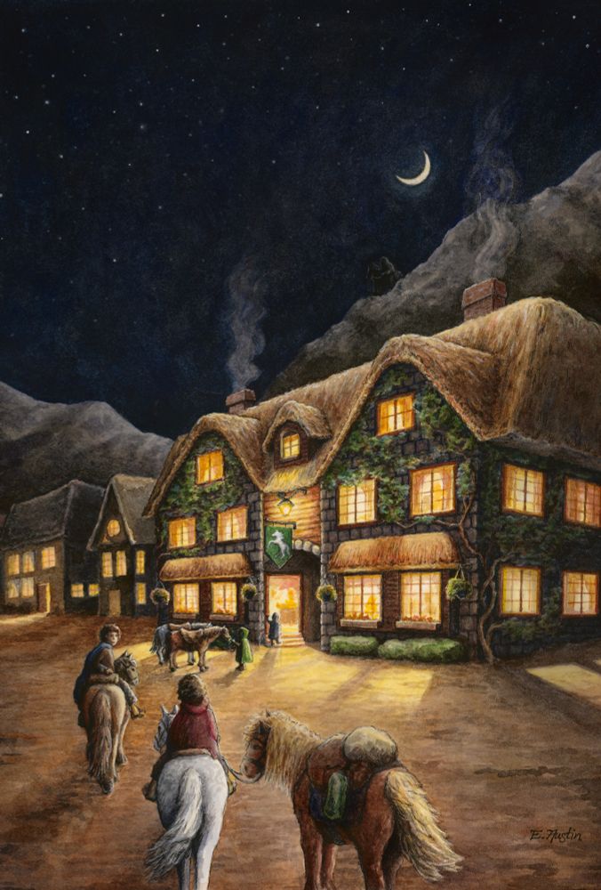 Under a deep velvety night sky, four hobbits ride up towards the Prancing Pony Inn with its famous green sign. It’s a stone building with a thatched roof and ivy climbing the walls. Golden light spills out of the windows and front door. On the hills above, the shadow of a Nazgûl is just visible overlooking the scene. 