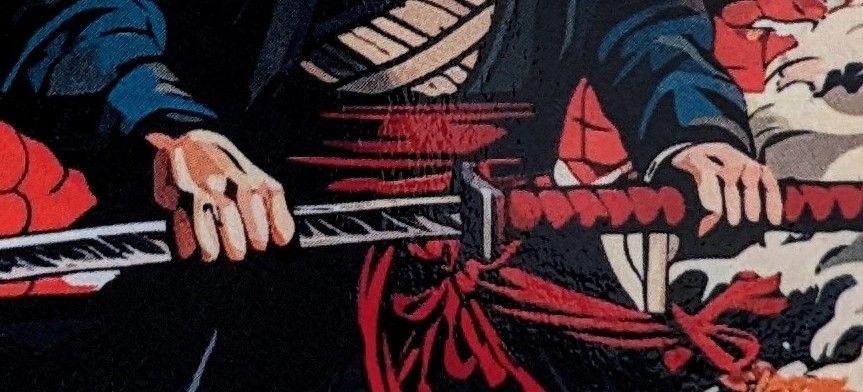 Zoom sur les mains du "samouraï". Une main avec un doigt de trop serre la lame d'un katana, pas crédible du tout.
