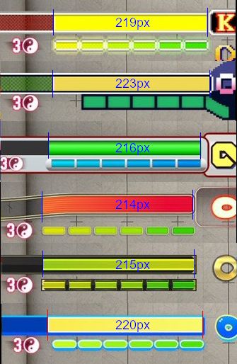 Comparaison de la largeur des dégâts entre les HUD de Street Fighter 6, ici environ 50% de dégâts. Ce n'est pas à prendre au pixel près mais on est entre 214 et 223px.