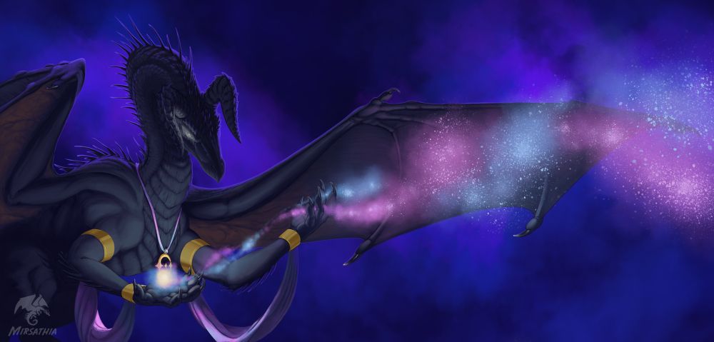 A digital painting done in Photoshop. A decorated elder black dragon sits on its haunches, its arms partially spread and one wing extended forward. The dragon is wearing a golden pendant of two comet trails in a circular pattern with a star in the center. Each foreleg is decorated by a plain golden arm- and wrist-band, connected to eachother by a satin strip of color-shifting cloth. The dragon is backlit dramatically in purple, with light teasing through its wing membranes. The extended wing pulls magic from the air in pale blue and rose hues. The magic twists around itself, and is pulled and controlled through the claws of one of the dragon's hands to tighten into a golden hued glittering ball in the other hand which is placed close to the chest. The glowing ball is gently casting light on the dragon, revealing the slow wear of the ages in its belly scutes and causing its jewelry to glow warmly.