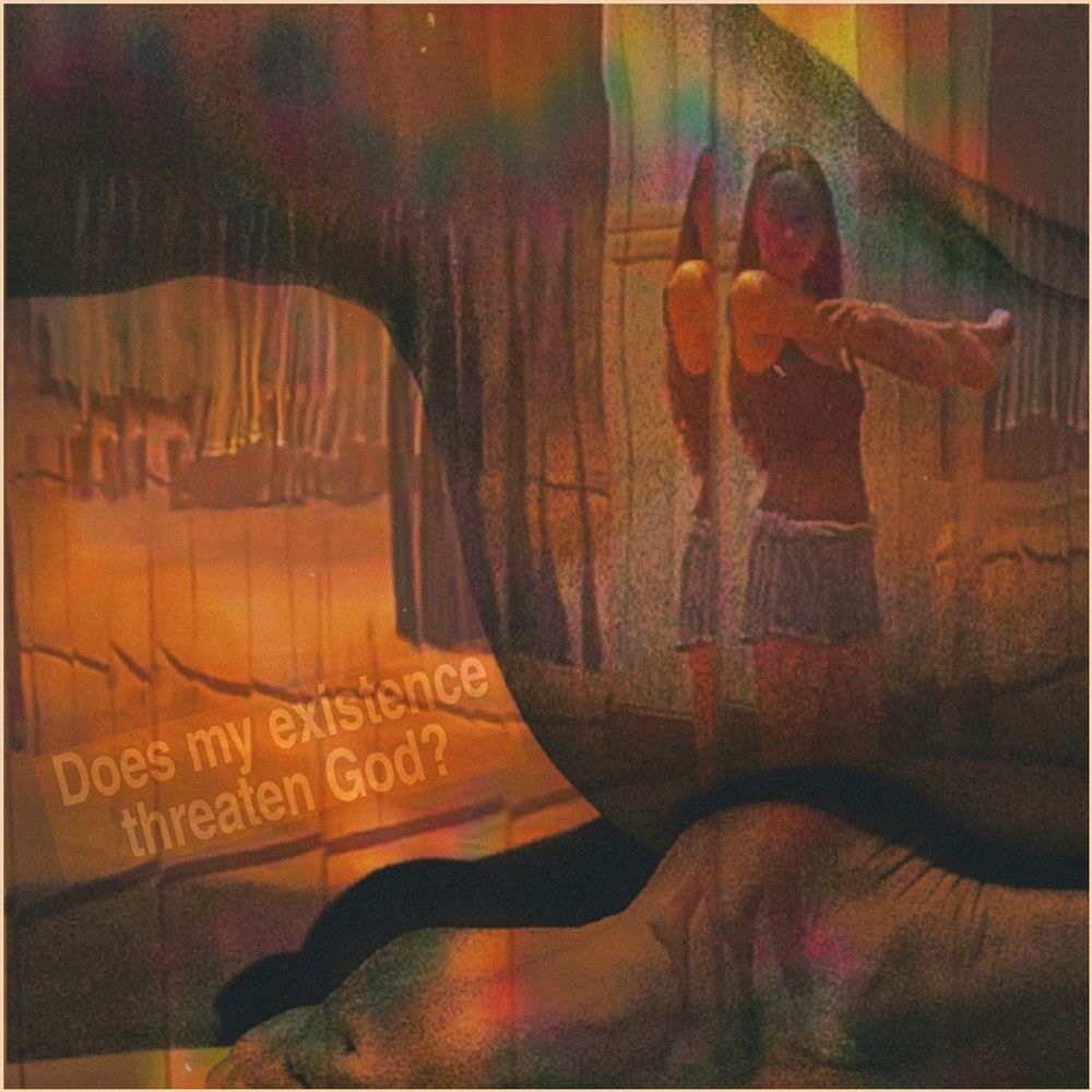Collage of a dancer stretching in front of a fragmented mirror, over lay of a nude body resting on its feet, words to the side say “does my existence threaten god?”