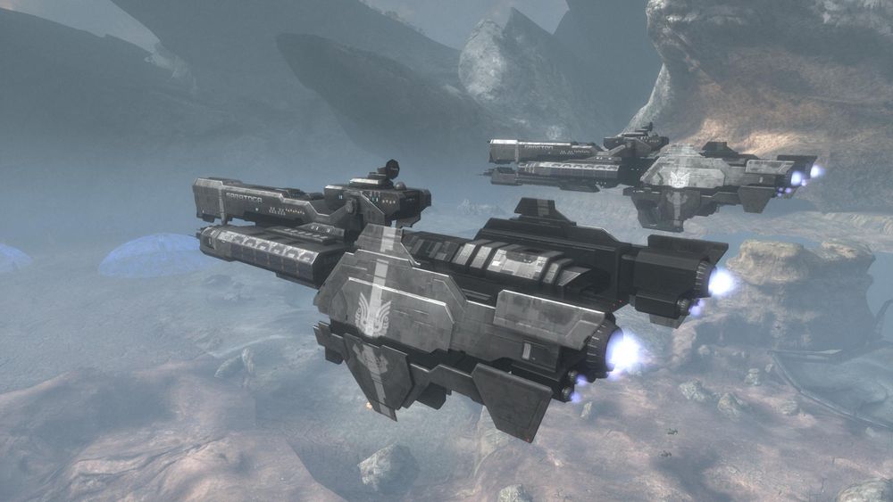 From Halo: Reach: Paris-class heavy frigates UNSC Saratoga and UNSC Grafton conduct naval gunfire support mission. 