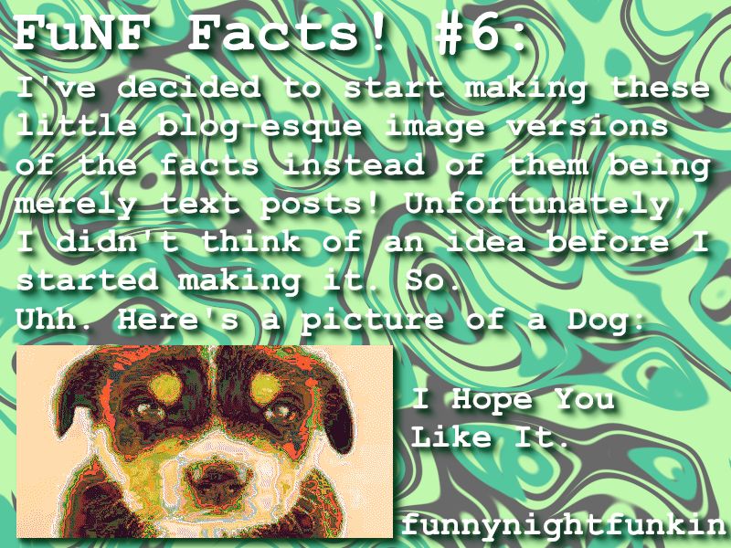 FuNF Facts! #6:
I've decided to start making these little blog-esque image versions of the facts instead of them being merely text posts! Unfortunately, I didn't think of an idea before I started making it. So.
Uhh. Here's a picture of a Dog: 
(picture of a dog that is heavily distorted with all its colors all messed up)
I Hope You Like It.
funnynightfunkin
