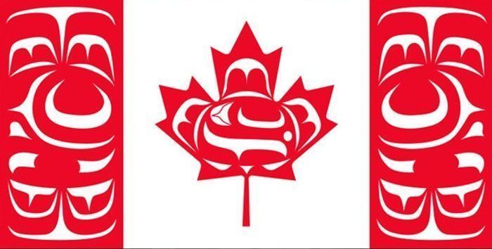Curtis Wilson's Canadian Flag, using West Coast Indigenous design:  "A killer whale is within the maple  leaf and the red bands are each with a salmon design."