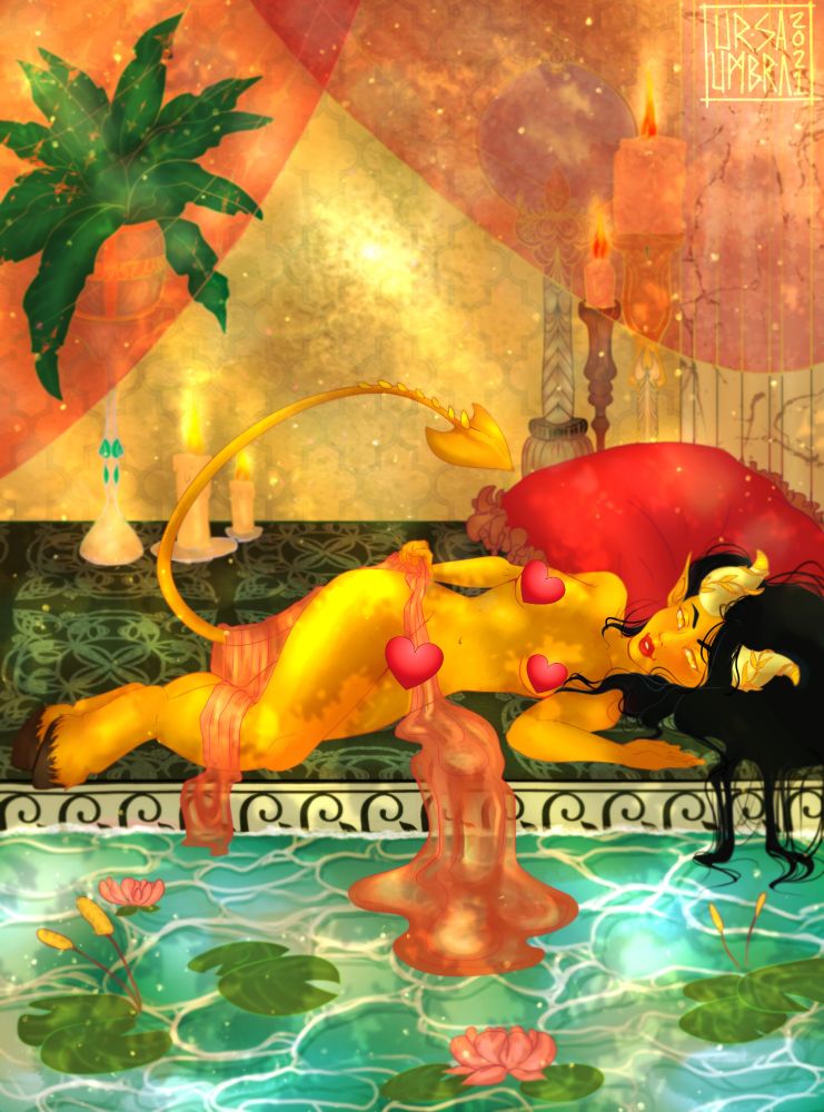 a tiefling laying by a lavish pool