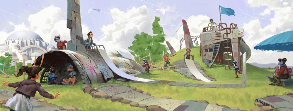 An intergalactic daycare with alien and human children playing on a playground built from the remains of old spaceships.