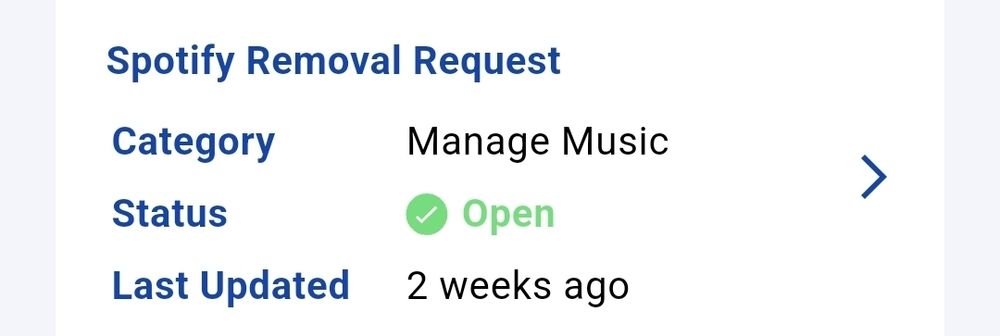 A screenshot of a Routenote ticket requesting Spotify removal. The last update was 2 weeks ago, when the ticket was opened.