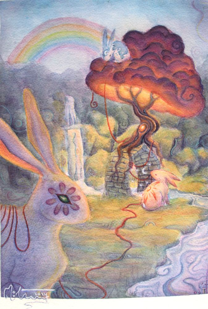 Three bunnies in a landscape with a glowing tree and a stream. One sits in the tree, the other below and the last is in the foreground 