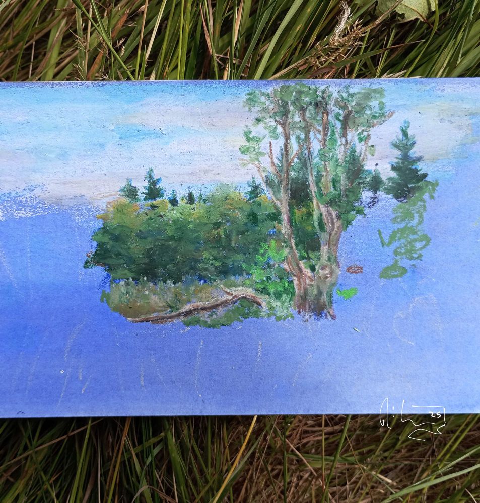 An unfinished oil pastel landscape on top of grass