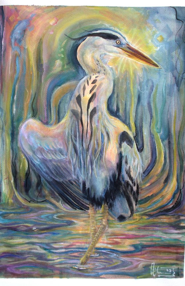 A Heron walks through a landscape of flowing colours. The bird looks to the side and has one wing half extended, its legs are submurged in water