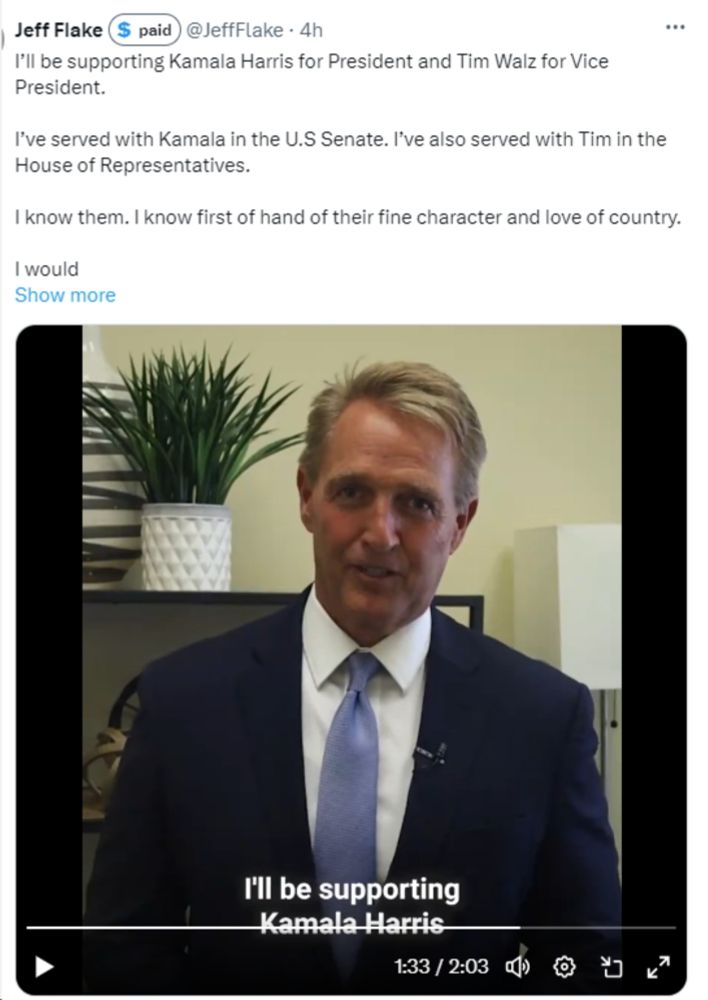 Video: Conservative Republican Former Arizona Senator Jeff Flake Calls on Fellow Republicans to Support Vice President Harris on ABC’s This Week