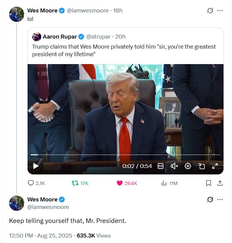 Wes Moore mocks Trump for claiming that Moore said 