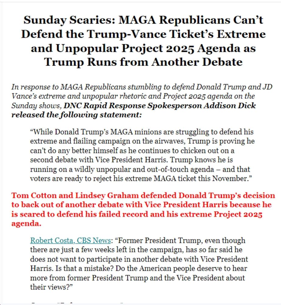 Sunday Scaries: MAGA Republicans Can’t Defend the Trump-Vance Ticket’s Extreme and Unpopular Project 2025 Agenda as Trump Runs from Another Debate