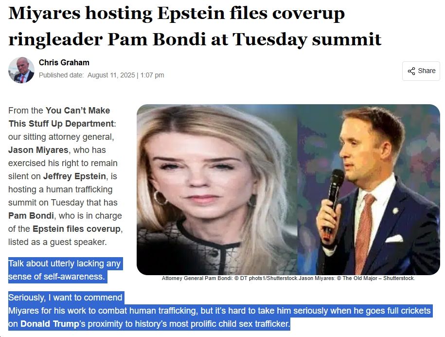 Augusta Free Press headline: "Miyares hosting Epstein files coverup ringleader Pam Bondi at Tuesday summit" 