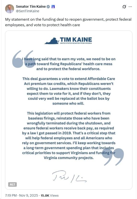 Statement by Sen. Tim Kaine on "funding deal to reopen government, protect federal employees, and vote to protect health care"