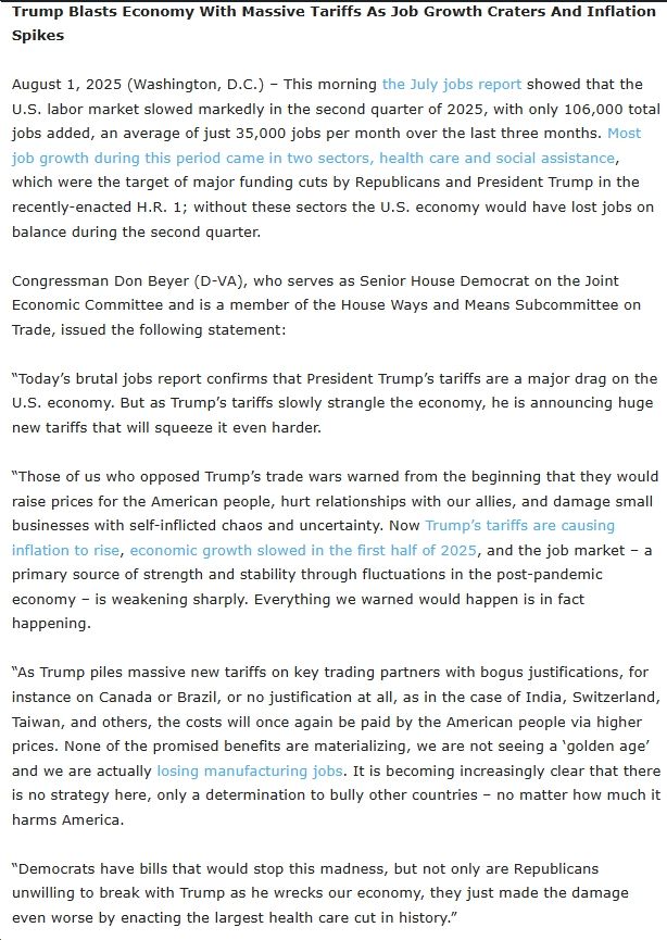 Statement by Rep. Don Beyer (D-VA08) on Trump blasting the US economy with massive tariffs as job growth craters and inflation spikes