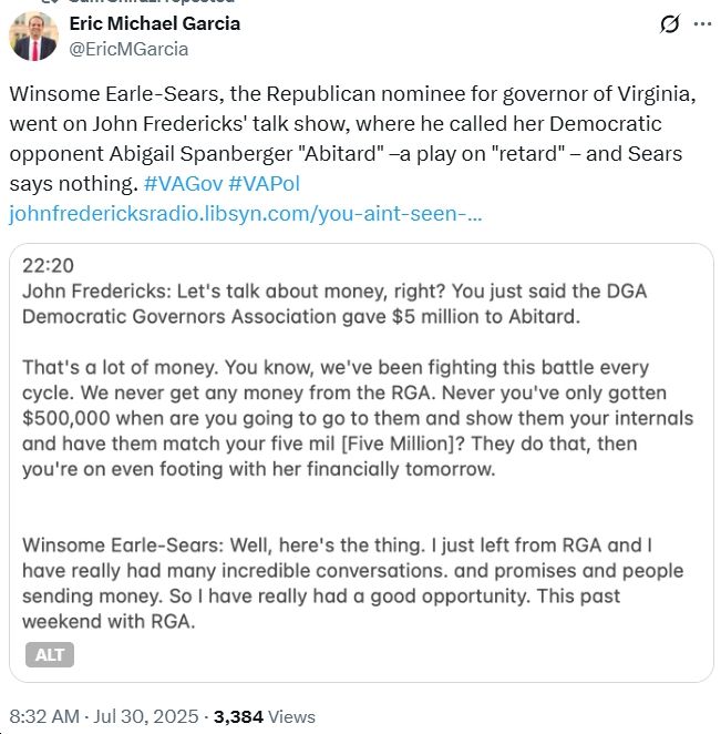 Winsome Earle-Sears lets a slur against Abigail Spanberger go unchallenged.