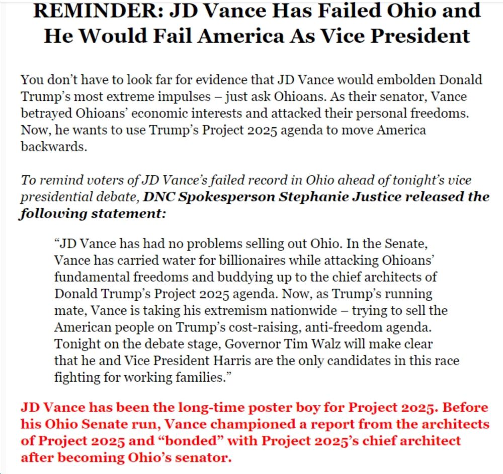 REMINDER: JD Vance Has Failed Ohio and He Would Fail America As Vice President