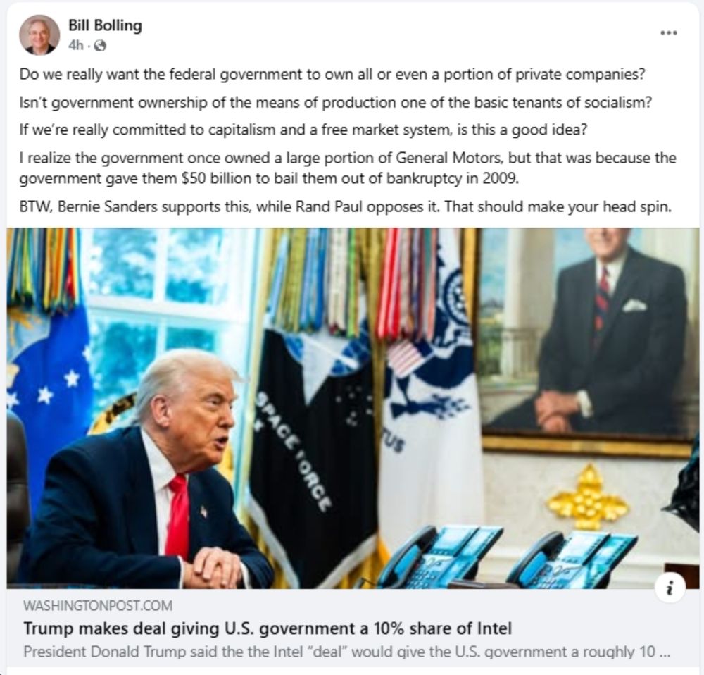 Yes, former VA Lt. Gov. Bill Bolling (R/Trump voter) is correct: wanting the government to own the means or production is "one of the basic tenants of socialism," and Trump is very much practicing tha...