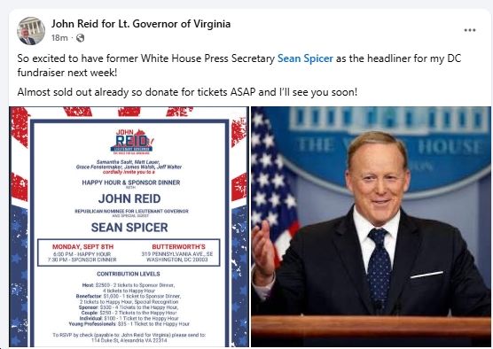 Former MAGA radio host and current VA GOP Lt. Gov. nominee John Reid holding a DC fundraiser with Sean Spicer on 9/8