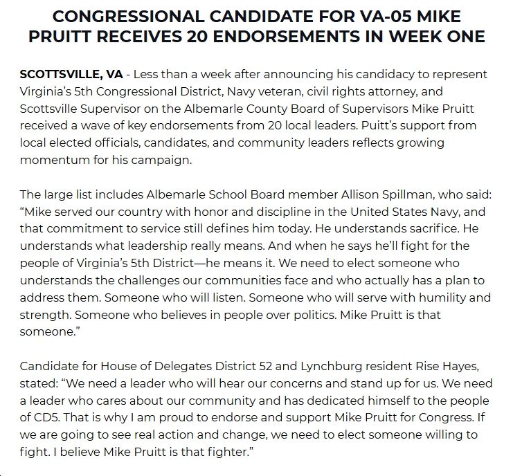 Press release: "Congressional Candidate for VA-05 Mike Pruitt Receives 20 Endorsements in Week One"