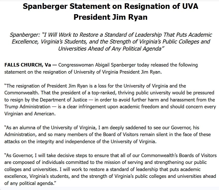 Spanberger Statement on Resignation of UVA President Jim Ryan