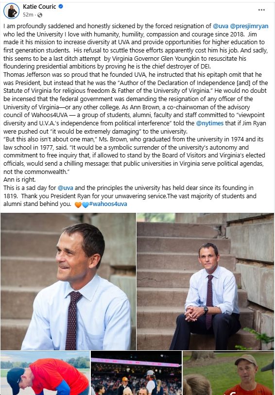 Facebook post by Katie Couric on the forced resignation of UVA President Jim Ryan