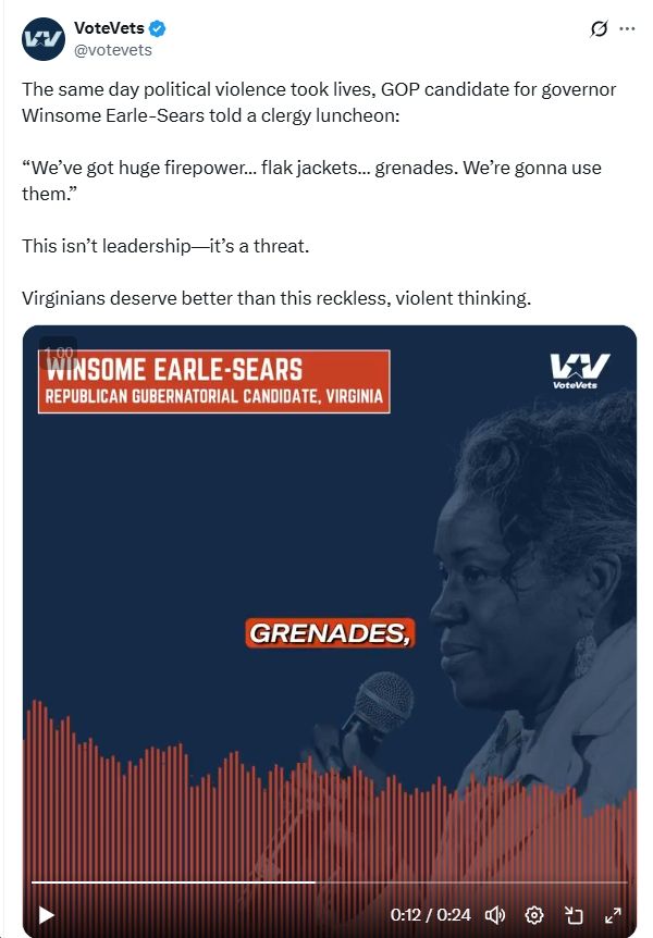 Tweet by VoteVets on Winsome Earle-Sears' "reckless, violent thinking"