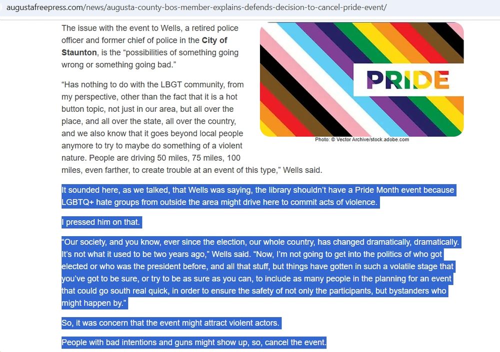 Screenshot of Augusta Free Press story, "Augusta County BOS member explains, defends decision to cancel Pride event"