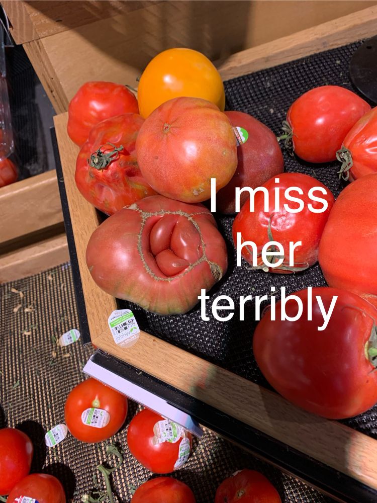 A malformed tomato resembling this guy’s mom’s gorilla grippy with the words “I miss her terribly” next to it