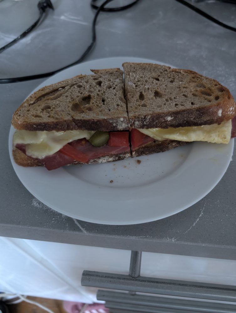 Today's sandwich is: brisket, tomato, gherkin and emmenthal on white sourdough, toasted in the air fryer.