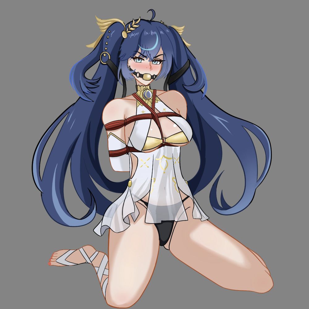 Iuno from Wuthering Waves bound and gagged. She's resting on the ground, almost like she's in a frogtie position but without any rope around her legs. Her arms are tied behind her back in a boxtie formation and she's wearing a snug chest harness. Iuno has been gagged with a golden ballgag and she looks quite miffed about it. Her dress becomes mostly see-through near the bottom and you can see pretty much all of her black panty underneath.
