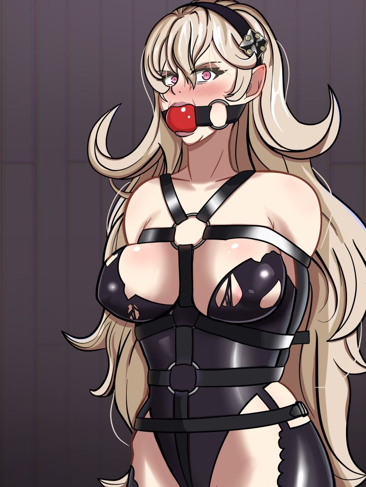 Corrin from Fire Emblem Fates bound in leather belts and gagged with a large red ballgag. She's been stashed away in some kind of nondescript room and has been left in a state of undress. Her bodysuit is torn at the chest, revealing just a bit of her breasts. Her arms are covered with long gloves and bound tightly behind her back. She looks pretty distressed at the moment, but it doesn't seem like she'll be breaking out of this bind any time soon...