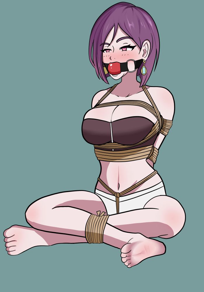 An illustration of Dom, OC of @tiedtiki.did.games. She's wearing a big red ballgag and has a rope harness going over and under her breasts. The rope going around her upper body is also tied to her arms, firmly pinning them behind her. Her legs have been tied criss-cross and she's also equipped with a crotch rope. Other than her tube top and hot pants, she's barefoot, but doesn't seem to mind too much!