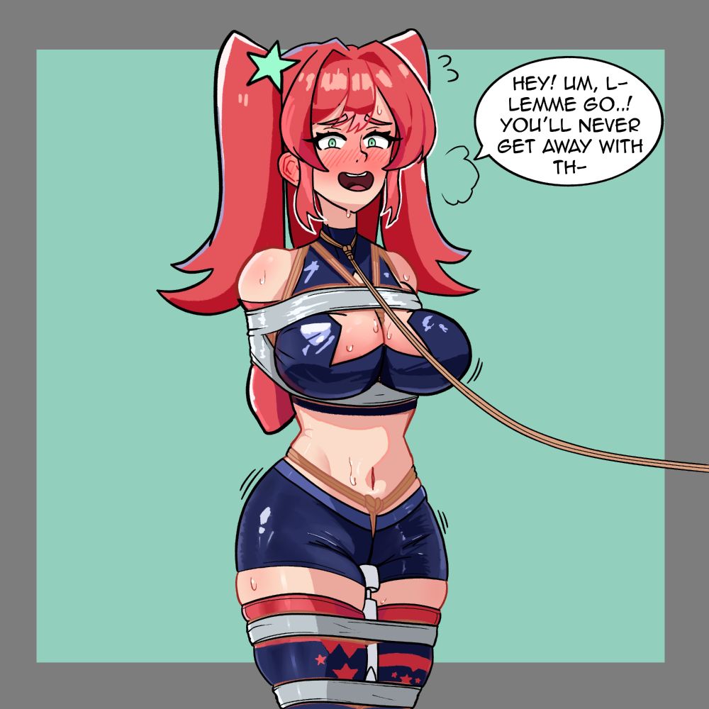 Lyra has been tied up, wrapped in some bands of duct tape, and equipped with a vibrator and crotchrope for entertainment. She also has a rope collar tied around her neck to pull her along. She is telling her captor to let her go, but it seems more like she's taking part in some kind of roleplay or perhaps just enjoying the moment :)