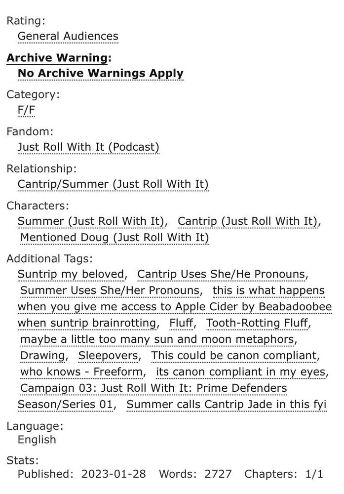Screenshot of the Archive of Our Own Tags for this fanfic
