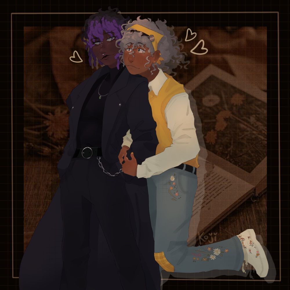 Suntrip art by koji_the_possum on twitter. Summer is wrapped around Jade’s arm woth her leg in the air. She wears blue jeans with embroidered flowers next to the pocket and beside the calf of the pants. It has a checkered yellow patch at the knee. She wears also a plain black belt, plain white shoes with flowers on the design, a plain long white button up and a warm plain yellow sweater vest. Her hair is gray and very curly (almost coiled but not quite) and she has a plain yellow bandana tied around her head with the trans pride pin pinned to it. She has simple gold jewellery - a gold stud and a gold helix with a chain connecting the two. Jade next to her is wearing a very dark purple long coat, dress pants that are even darker, a black turtleneck and a black belt with a silver chain. He wears a silver chain necklace with a jade pendant and has four piercings on her nose - three studs along the bridge and a septum piercing. Her hair is in dark brown-black locks with the locs around her fringe bing a bright purple. They look at each other adoringly