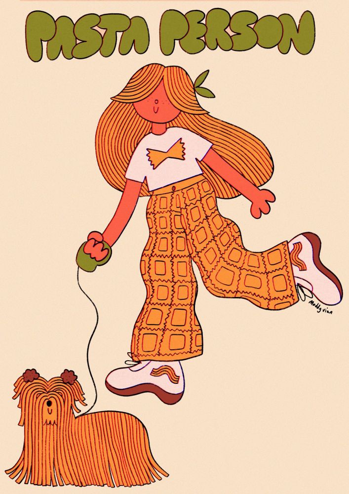 illustration of person with long blonde hair and pasta themed clothes walking a dog that looks like noodles. The green bubble text above their head is 'pasta person'