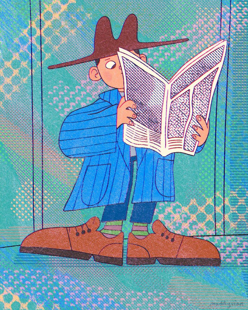 little boy reading newspaper with big shoes, hat and jacket on resembling a business man on the train.