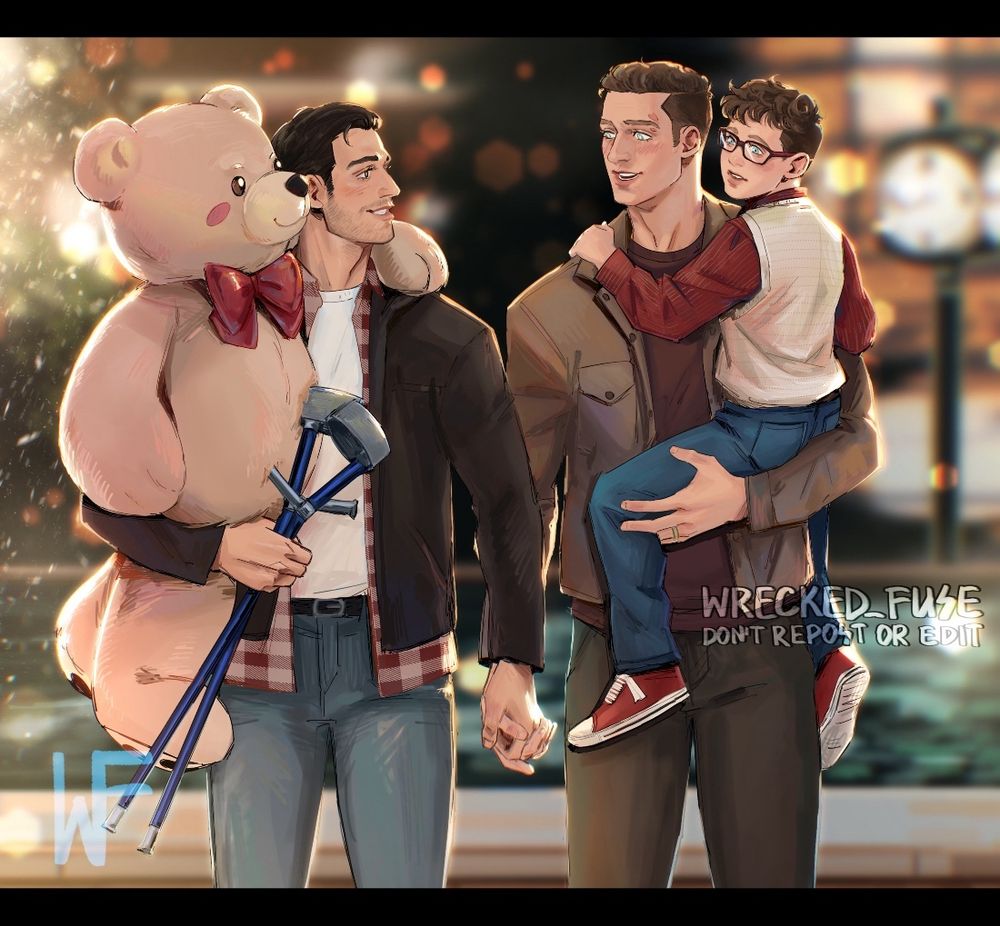 Picture of Eddie buck and Chris. Eddie and buck holding hands, buck’s holding Chris, Eddie’s holding Chris’ crutches and giant teddy bear