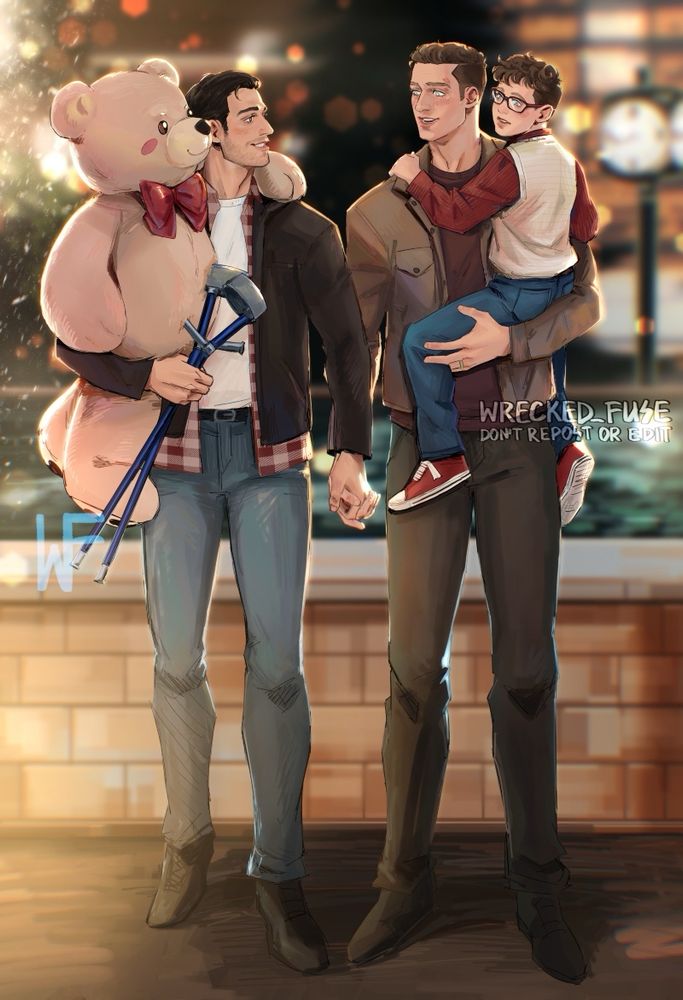 Picture of Eddie buck and Chris. Eddie and buck holding hands, buck’s holding Chris, Eddie’s holding Chris’ crutches and giant teddy bear