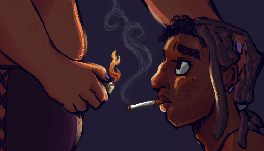 santiago is holding zayd's head and has a lighter in the other hand. zayd has a cigarette in his mouth and is looking up at santiago suggestively