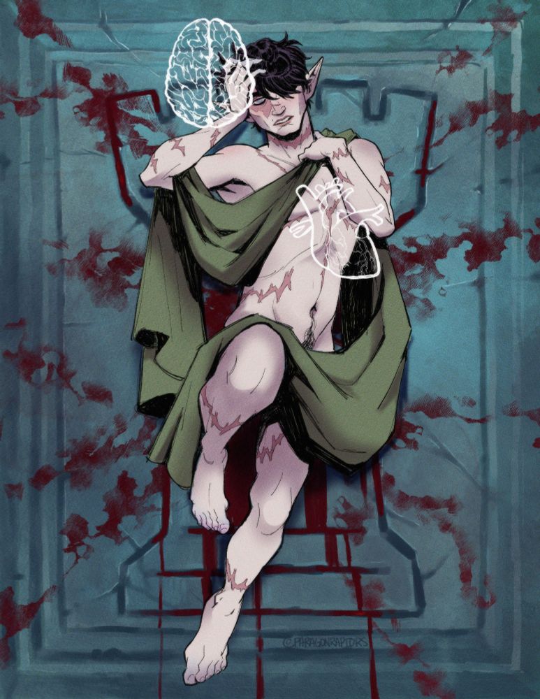 A colored, pinup-esque illustration of a custom Rook from Dragon Age: The Veilguard. Rook is a pale, white elf with burn scars on his face and neck. He has short, black 1c/2a hair, and advanced cataracts. He also has top surgery scars, an autopsy scar, and laceration scars on his body. He is laying nude, wrapped in a green sash, on a stone slab with a rook chess piece carved into it. Blood spatter radiates from his body. Anatomical drawings of a brain and heart are overlayed on his head and chest respectively. 